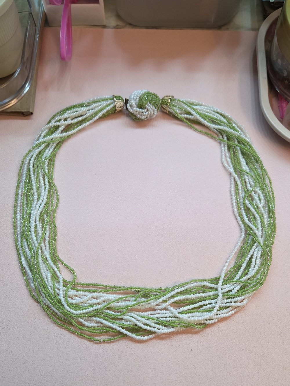 Green & White Multi-Strand Seed Bead Knot Necklace